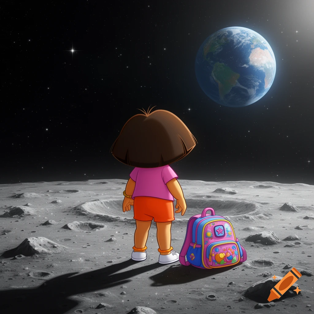 Dora the Explorer stands on the moon's surface, back to viewer, looking up at Earth with her pink backpack beside her.