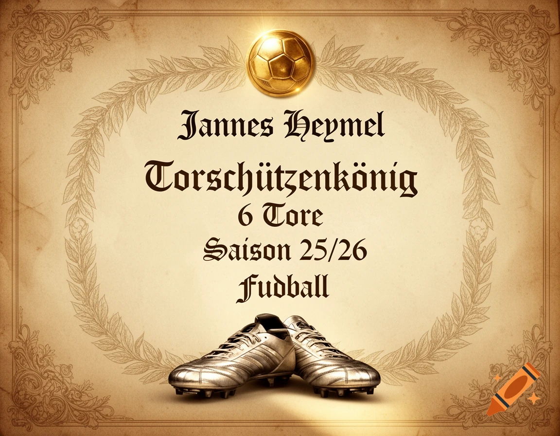 An ornate vintage-style certificate for 'Jannes Heymel' as top scorer with a golden soccer ball and silver cleats.