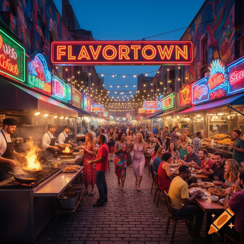 A vibrant outdoor food market at dusk with a large neon 'FLAVORTOWN' sign, chefs cooking, and a bustling crowd dining.