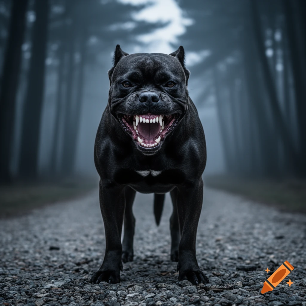 A fierce black dog snarls with bared, sharp teeth, standing on a gravel path in a dark, misty forest. Photorealistic.