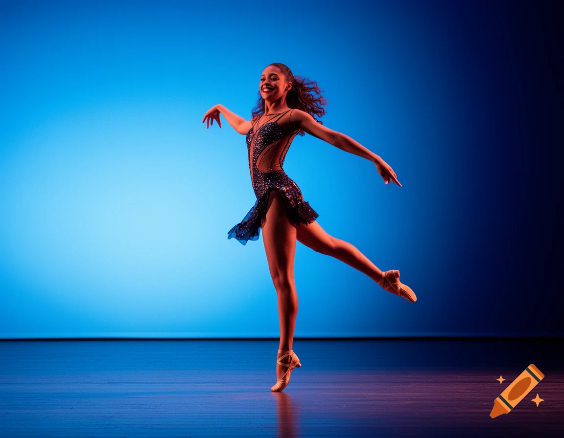 A smiling female jazz dancer in a sparkly costume poses on one leg on a stage with a blue gradient background.