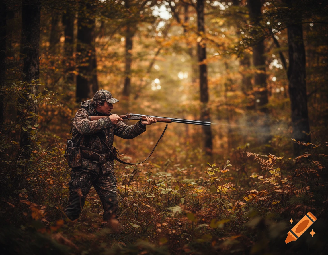 A hunter in camouflage fires a shotgun in an autumn forest, smoke coming from the barrel.