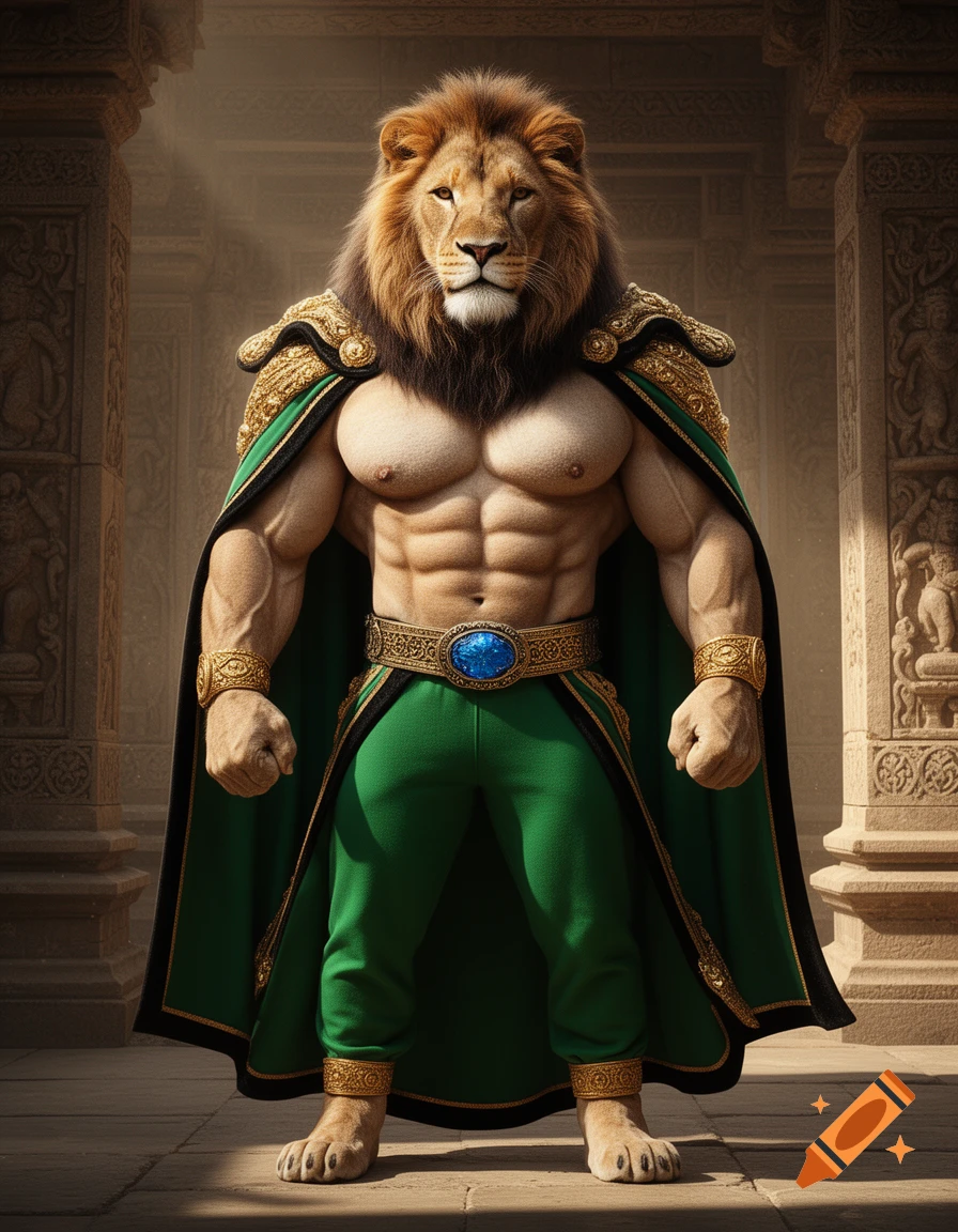 A muscular, anthropomorphic lion warrior in a green cape and pants stands in an ancient stone temple.
