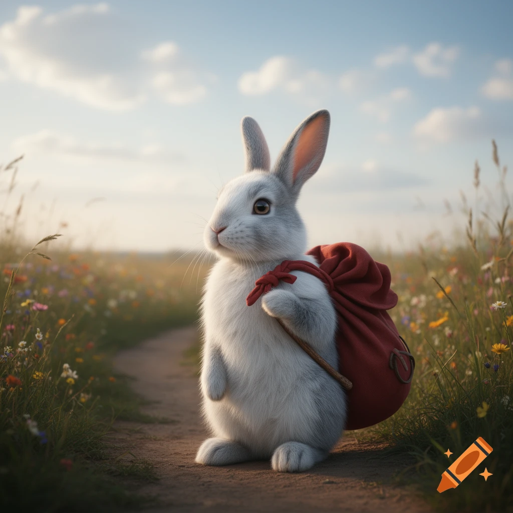 Photorealistic white rabbit with a red hobo pack on its back, standing on a dirt path in a field of wildflowers under a cloudy sky.