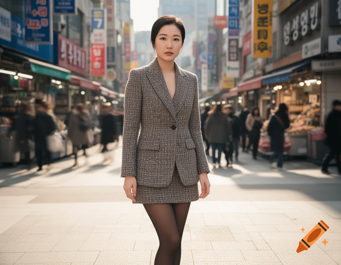 A woman in a tweed skirt suit and black pantyhose stands on a city street in Korea, surrounded by blurred shops and signs.