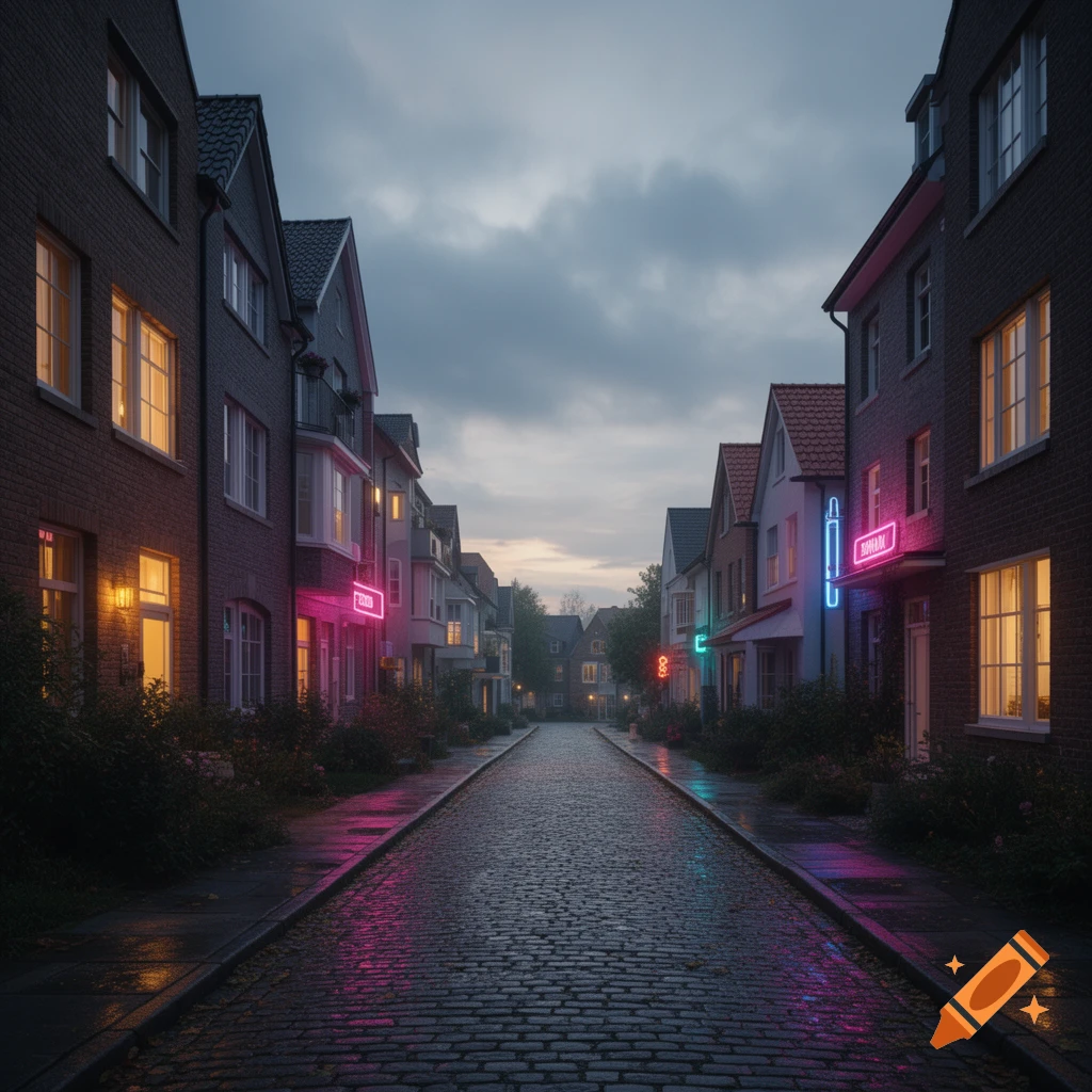 A wet cobblestone street lined with houses and apartments with illuminated windows and neon signs at dusk under a cloudy sky.