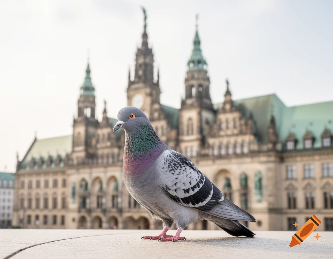 Photorealistic pigeon standing on a surface with the blurred historic Hamburg City Hall in the background.