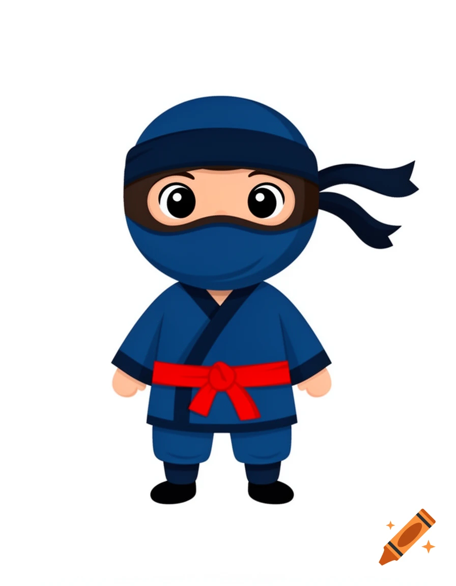 A cute flat 2D cartoon illustration of a small ninja boy in a blue outfit, red belt, and dark mask with big friendly eyes on a white background.