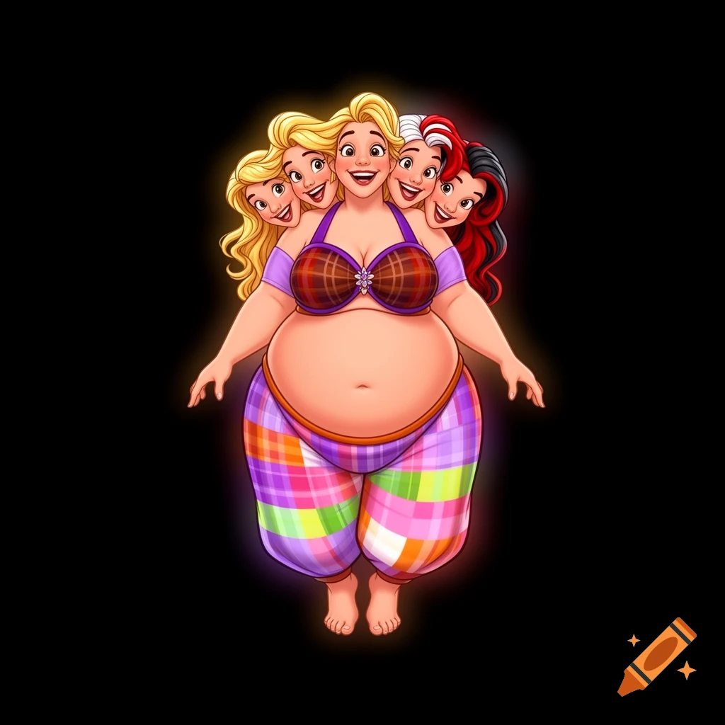 A cartoon woman with five heads, blonde, white, red, and black hair, wearing a plaid bra and plaid harem pants, smiling broadly against a black background.