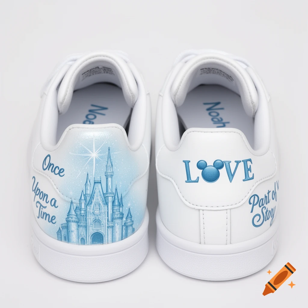 Pair of white Adidas Stan Smith sneakers customized with blue Disney themes. The left shoe features Cinderella's castle and "Once Upon a Time". The right shoe has "LOVE" with a Mickey head for "O" and "Part of My Story".