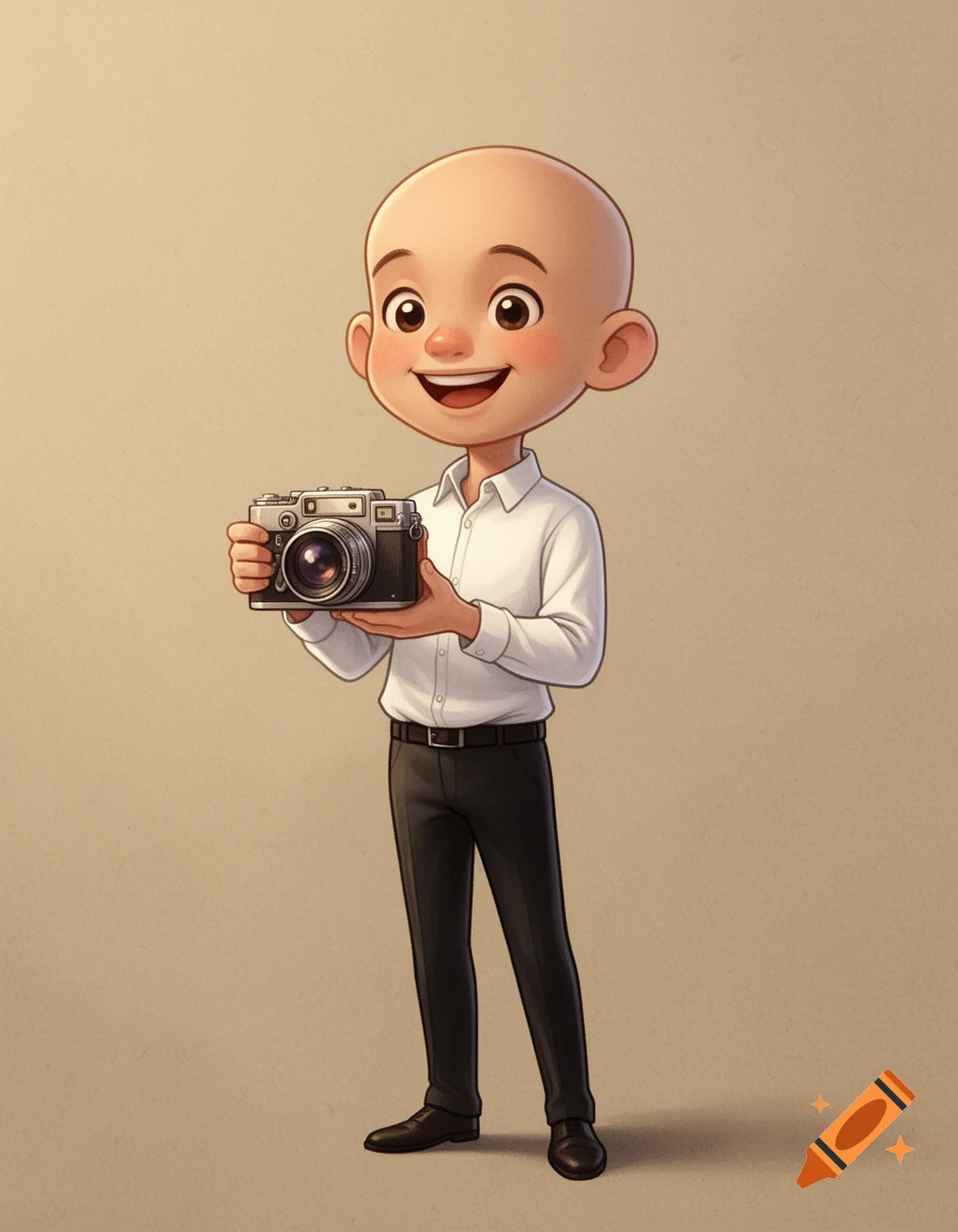 A smiling bald cartoon man in a white shirt and black pants holds a camera.
