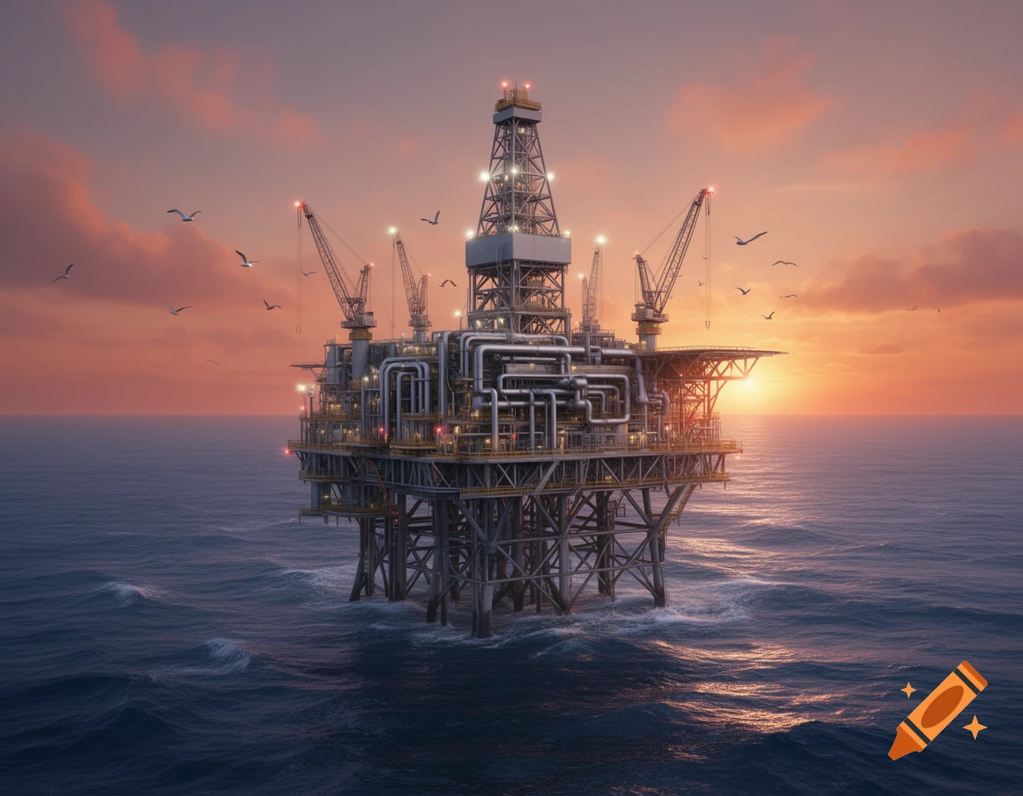 A large industrial oil rig stands in the deep blue ocean against a vibrant orange and pink sunset sky, with seagulls flying around.