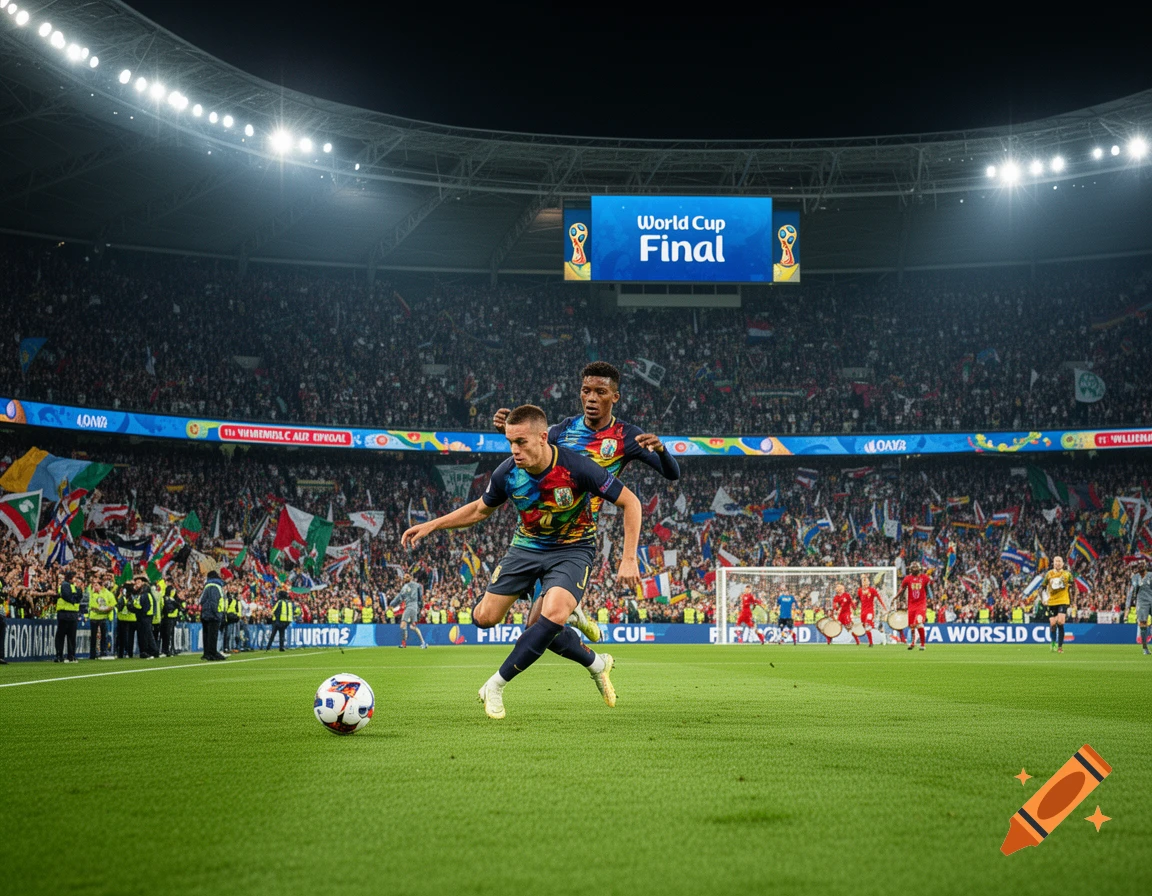 Two soccer players on a green field in a brightly lit stadium during a World Cup final match, with a large crowd in the background.