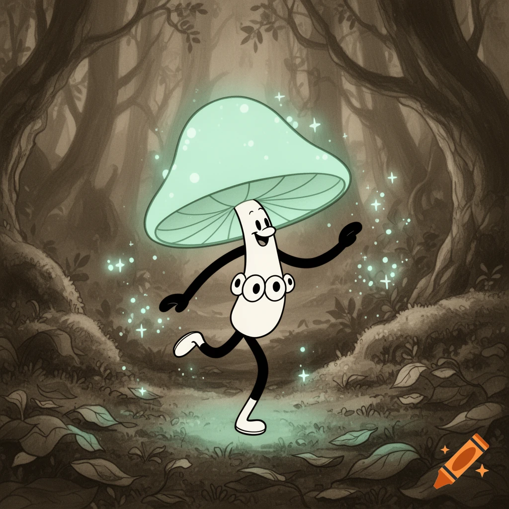 A smiling 1920s-1930s rubber hose style mushroom character with a glowing mint green cap dances in a dark, magical forest.