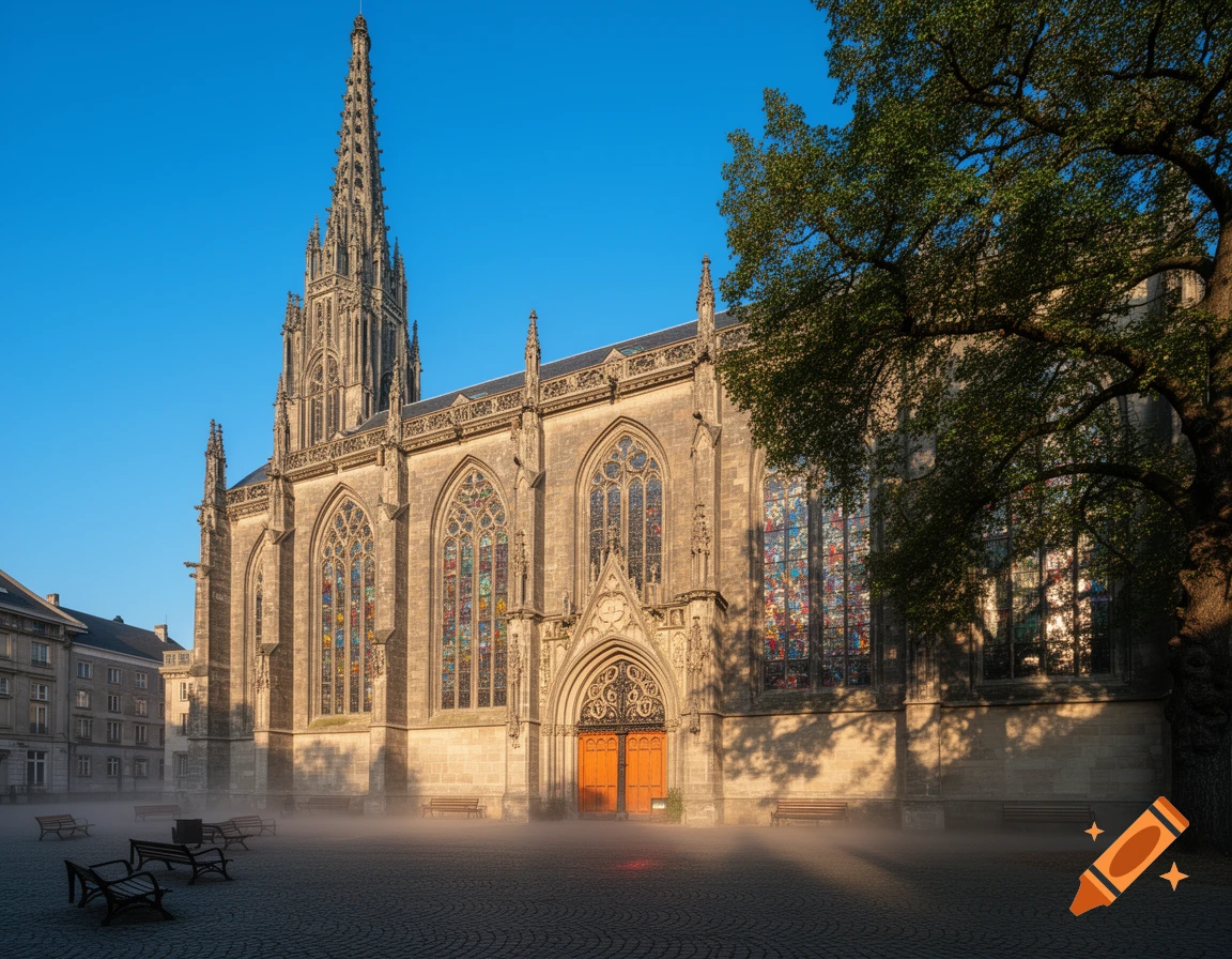 Photorealistic view of a gothic church with a tall spire and stained glass windows, a paved square with benches and mist, and a large tree.