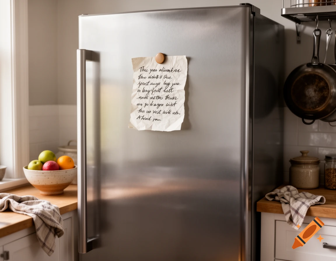 A photorealistic image of a stainless steel refrigerator with an illegible handwritten memo attached by a magnet in a sunlit kitchen.