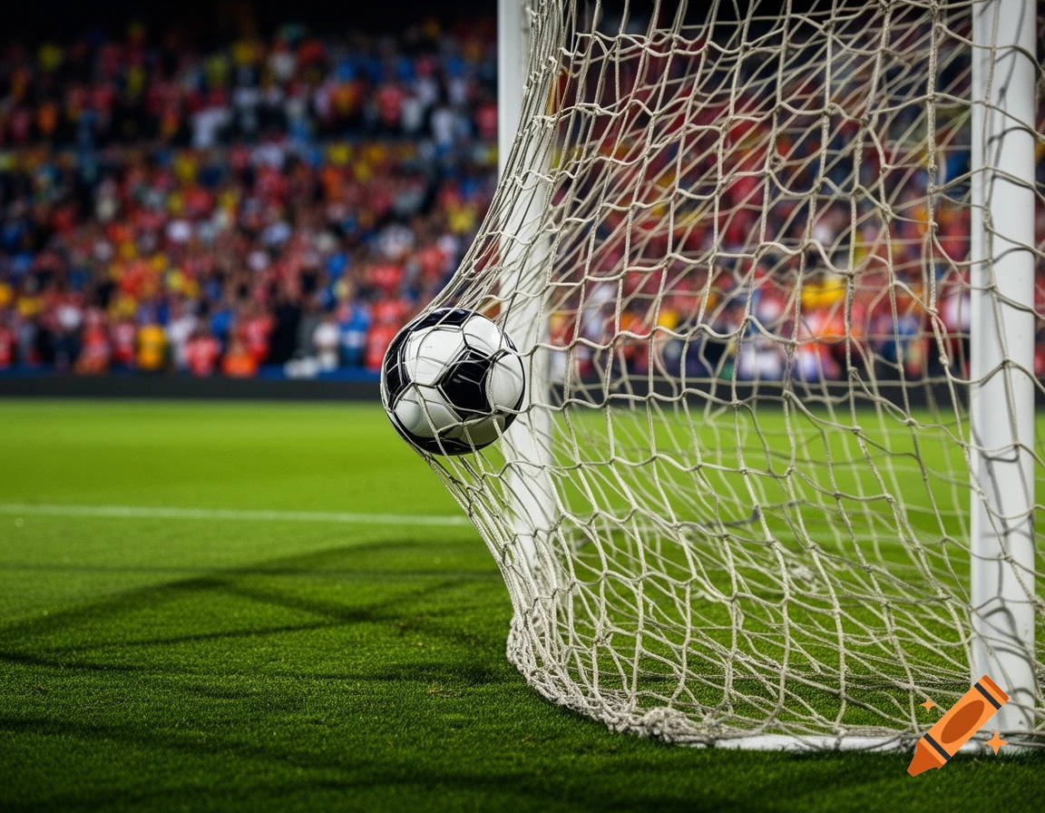 A black and white soccer ball caught in the back of a white goal net on a green field, with blurred stadium spectators in the background, photorealistic.