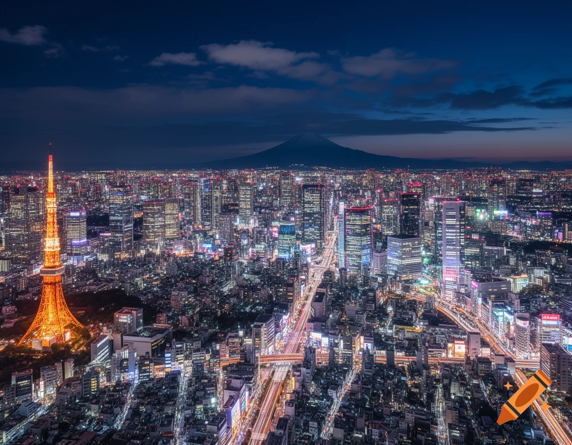 An aerial view of the vibrant Tokyo cityscape at night, featuring the illuminated Tokyo Tower and Mount Fuji in the distance.