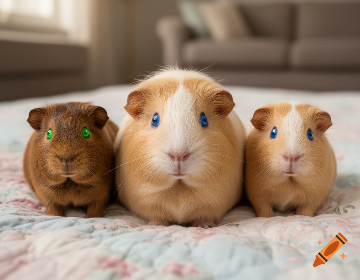 Three fluffy guinea pigs with colorful eyes sit on a patterned quilt; two are blonde with blue eyes and one is brown with green eyes.
