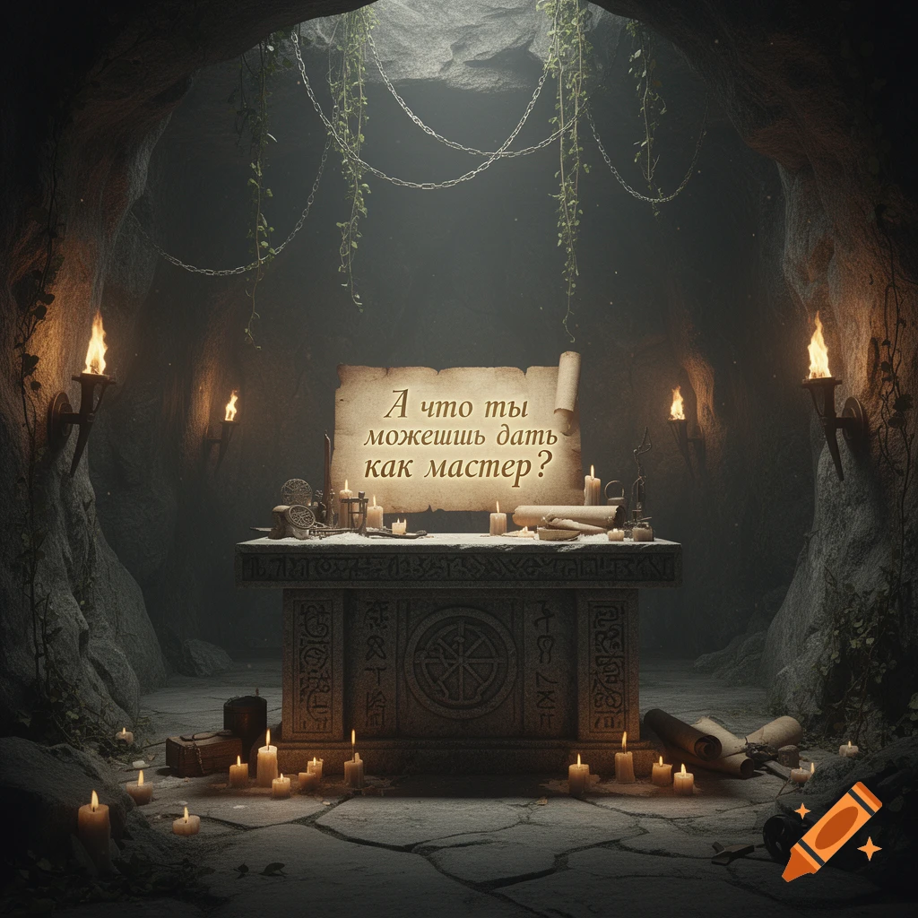 A dimly lit fantasy cave with a stone altar, lit candles, torches, and a scroll displaying Russian text.