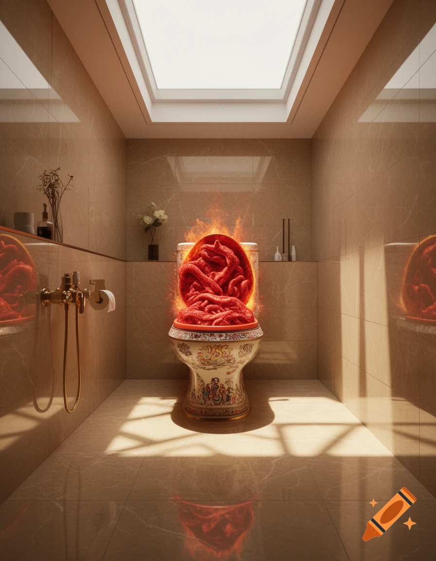 An ornate toilet in a beige tiled bathroom, filled with fiery red, raw meat-like substances, under a bright skylight.