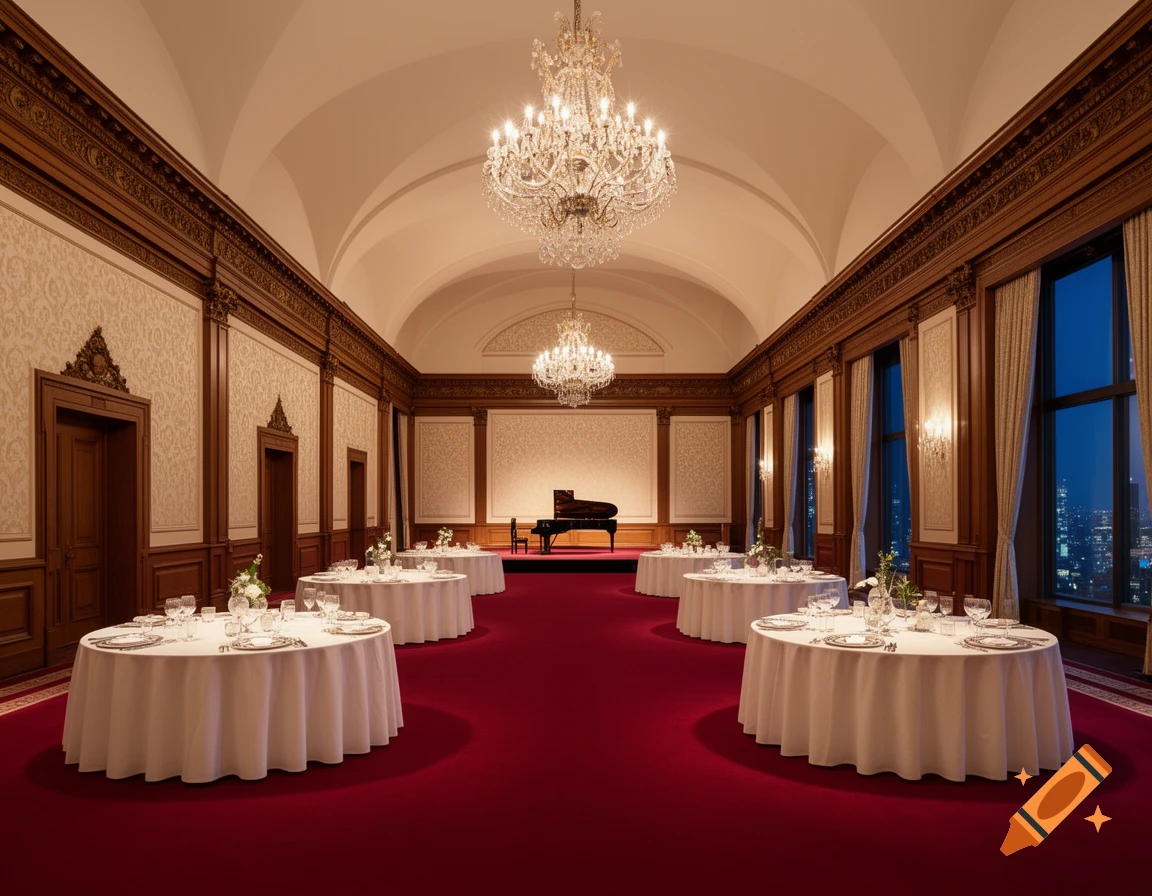 Luxurious banquet hall with red carpet, white-clothed round tables, crystal chandeliers, a grand piano, and city views at night.