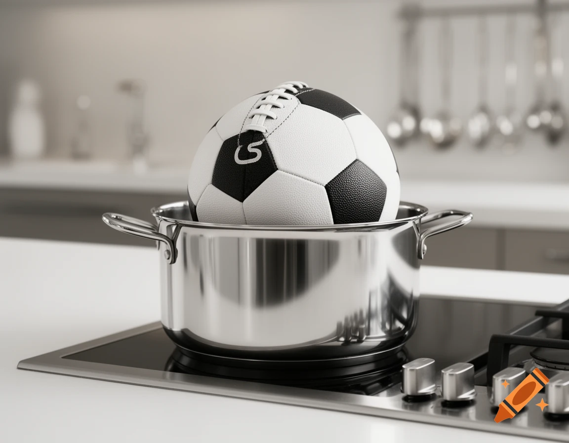 A black and white soccer ball sits inside a shiny metal cooking pot on a kitchen stove.