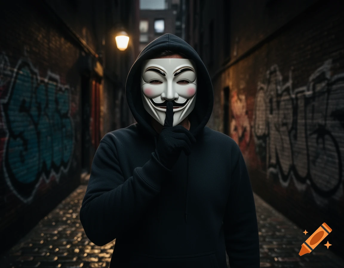 A person in a black hoodie and a Guy Fawkes mask makes a shush gesture in a dark, graffiti-covered urban alley.