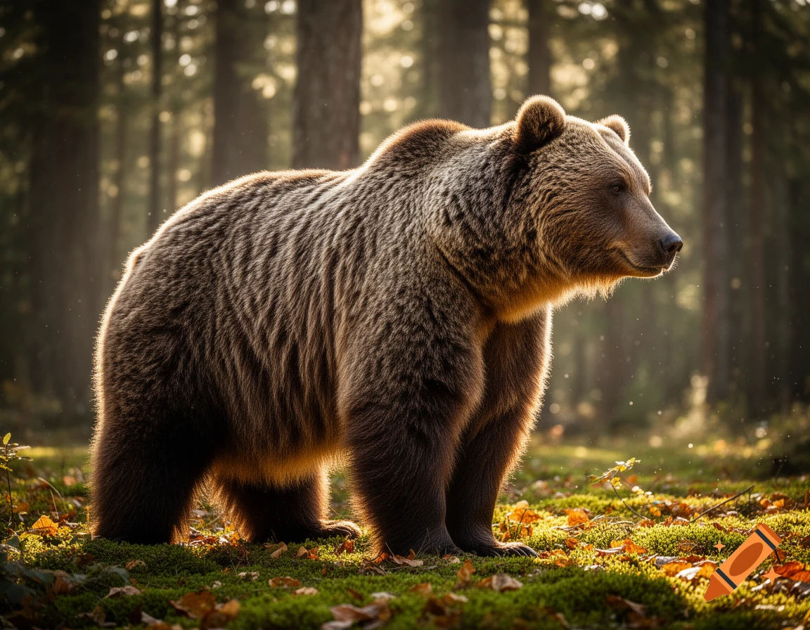 A majestic brown grizzly bear stands in a sunlit forest, surrounded by green moss and fallen leaves.
