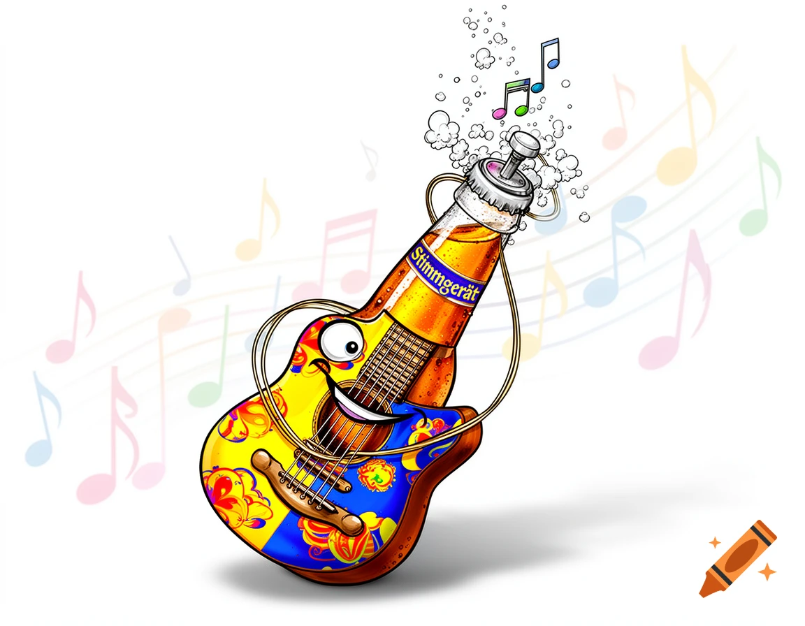 Cartoon beer bottle shaped like a guitar with a happy face, labeled "Stimmgerät", with musical notes and bubbles rising from its cap.
