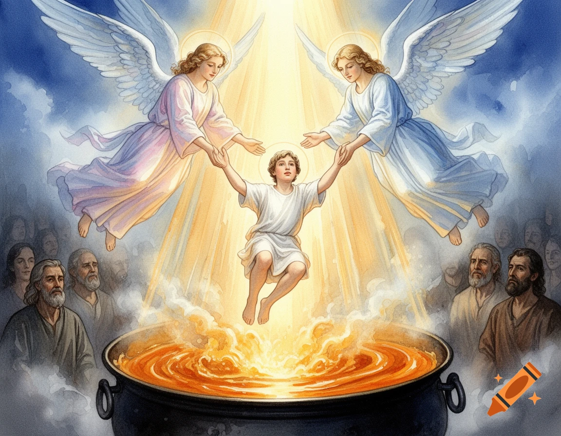 Two angels lift a young boy from a cauldron of boiling orange liquid as a crowd watches below, in a watercolor style.