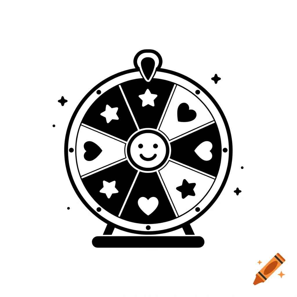 A black and white cartoon icon of a fortune wheel with stars, hearts, and a smiley face in the center.