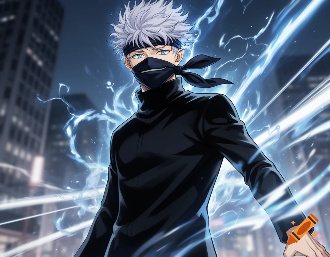 Anime character Gojo Satoru with white hair and blue eyes, wearing a black mask and turtleneck, surrounded by glowing blue energy in a city.