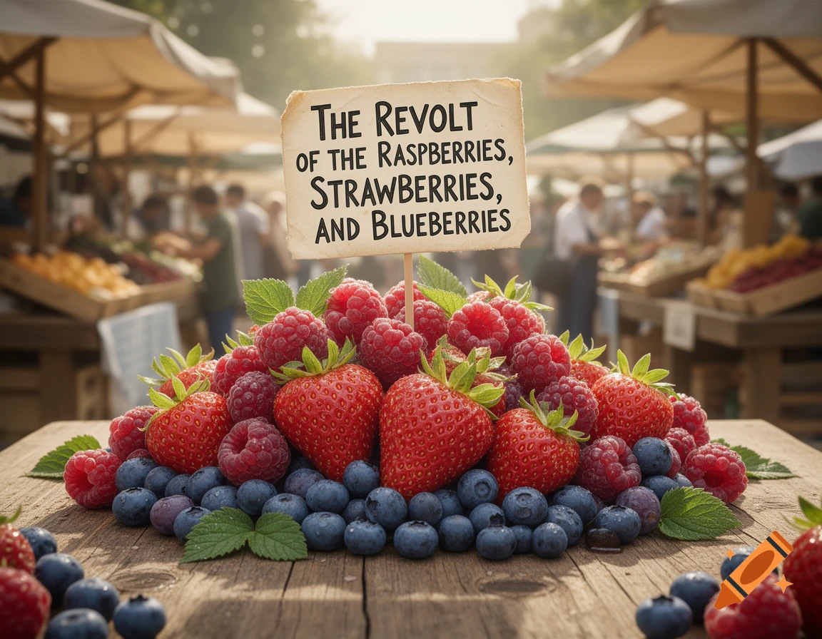 A rustic wooden table piled high with fresh raspberries, strawberries, and blueberries. A sign reads 'THE REVOLT OF THE RASPBERRIES, STRAWBERRIES, AND BLUEBERRIES.' A blurred outdoor market is in the background.