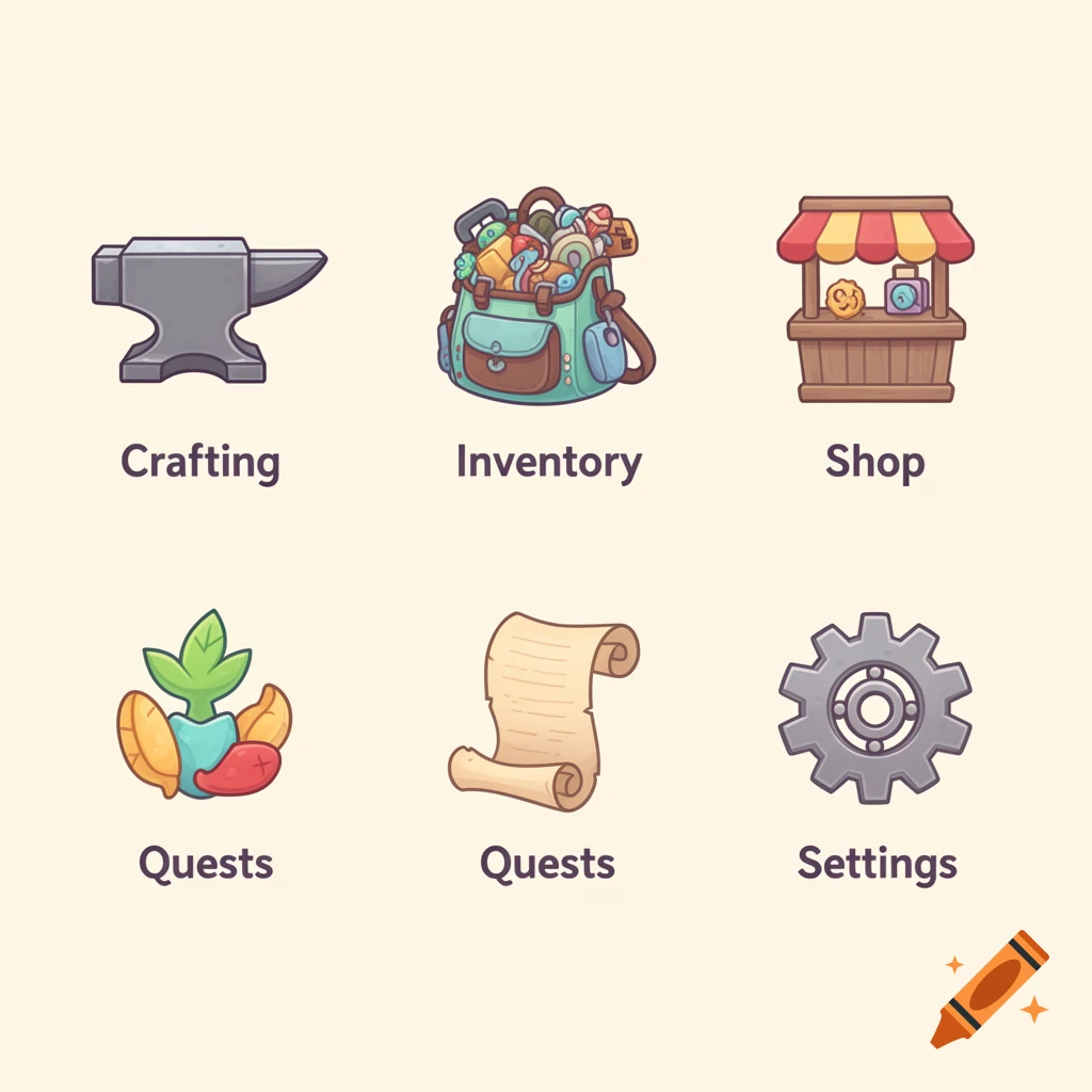 Six cheerful, stylized fantasy game navigation icons: an anvil for crafting, a full backpack for inventory, a vendor stall for shop, a plant and a scroll for quests, and a gear for settings. Each icon has its respective label below it.