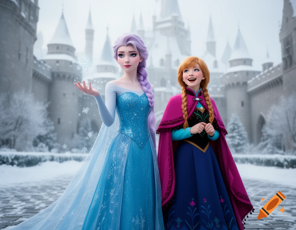 Animated characters resembling Elsa and Anna stand in front of a snowy castle, Elsa creating a snowflake, Anna smiling.