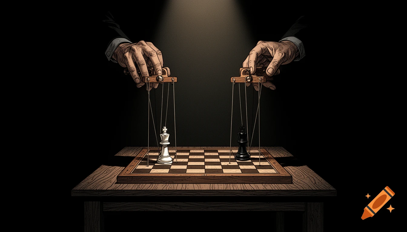 Two hands manipulate a white and a black chess king on a chessboard with puppet strings, in a dramatic, dark graphic novel style.