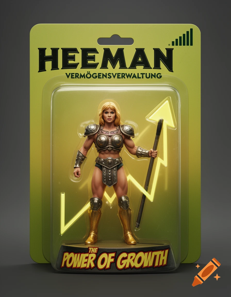 Female fantasy warrior action figure in blister pack packaging with 'HEEMAN' logo and glowing stock arrow.