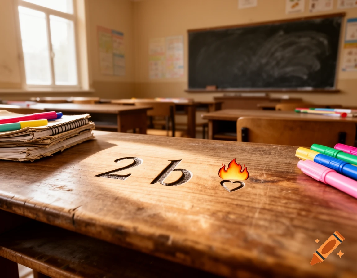 Close-up of a wooden school desk with "2b" and a fire heart emoji carved into it, notebooks and markers on the side, a classroom in the background.