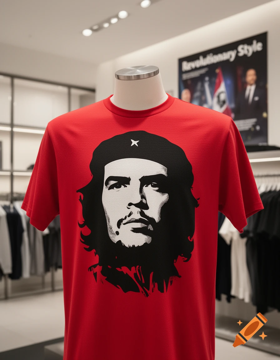 A red t-shirt on a mannequin features a black and white portrait blending Che Guevara and Marco Rubio, displayed in a retail store.