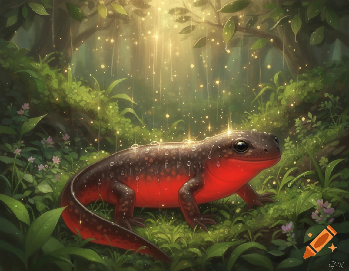 A red-bellied newt with dark spots and dewdrops on its back in a lush, sparkling green forest with golden light.