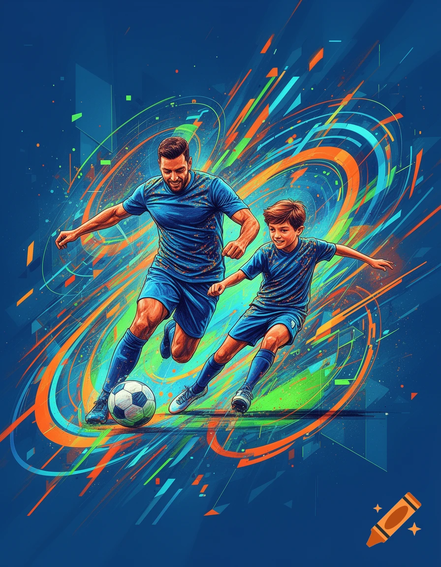 An adult and child in blue soccer uniforms dribbling a ball, surrounded by energetic, abstract blue, orange, and green lines.