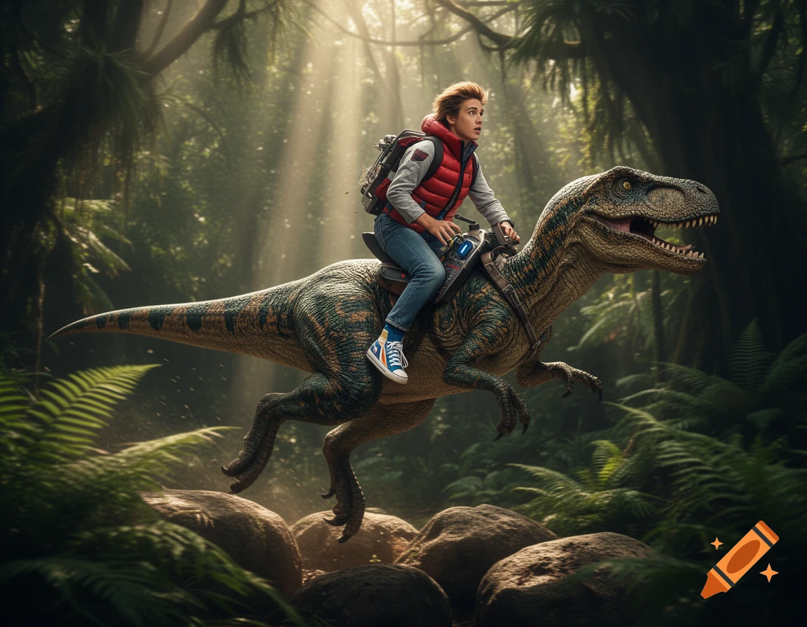A young man resembling Marty McFly rides a velociraptor through a lush, sun-dappled jungle, leaping over rocks.