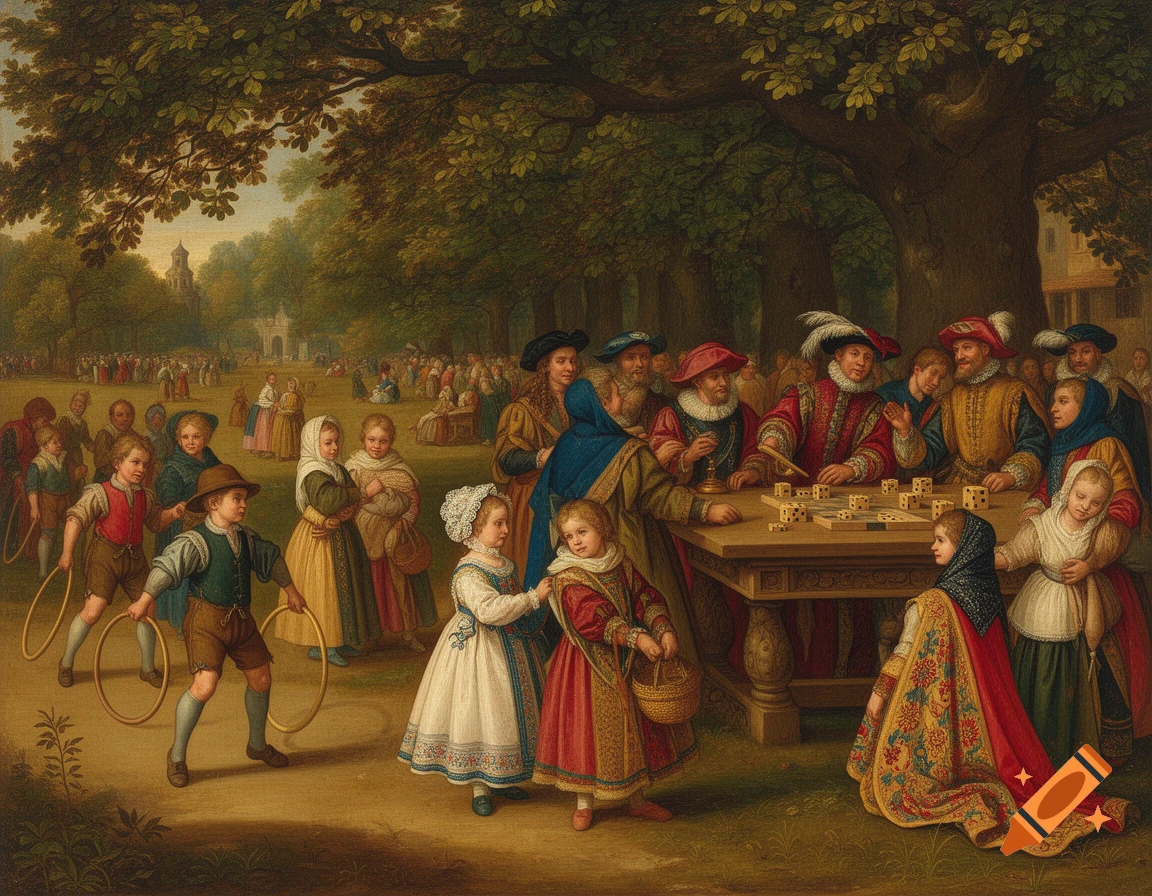 A Renaissance oil painting depicts a lively park scene with numerous people in period attire, including children playing with hoops and adults gathered around a table playing a dice game under large trees.