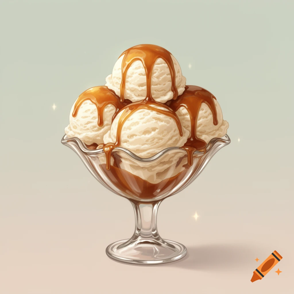 A simple drawing of an ice cream sundae with several scoops of vanilla ice cream drizzled with thick toffee sauce in a glass dish.