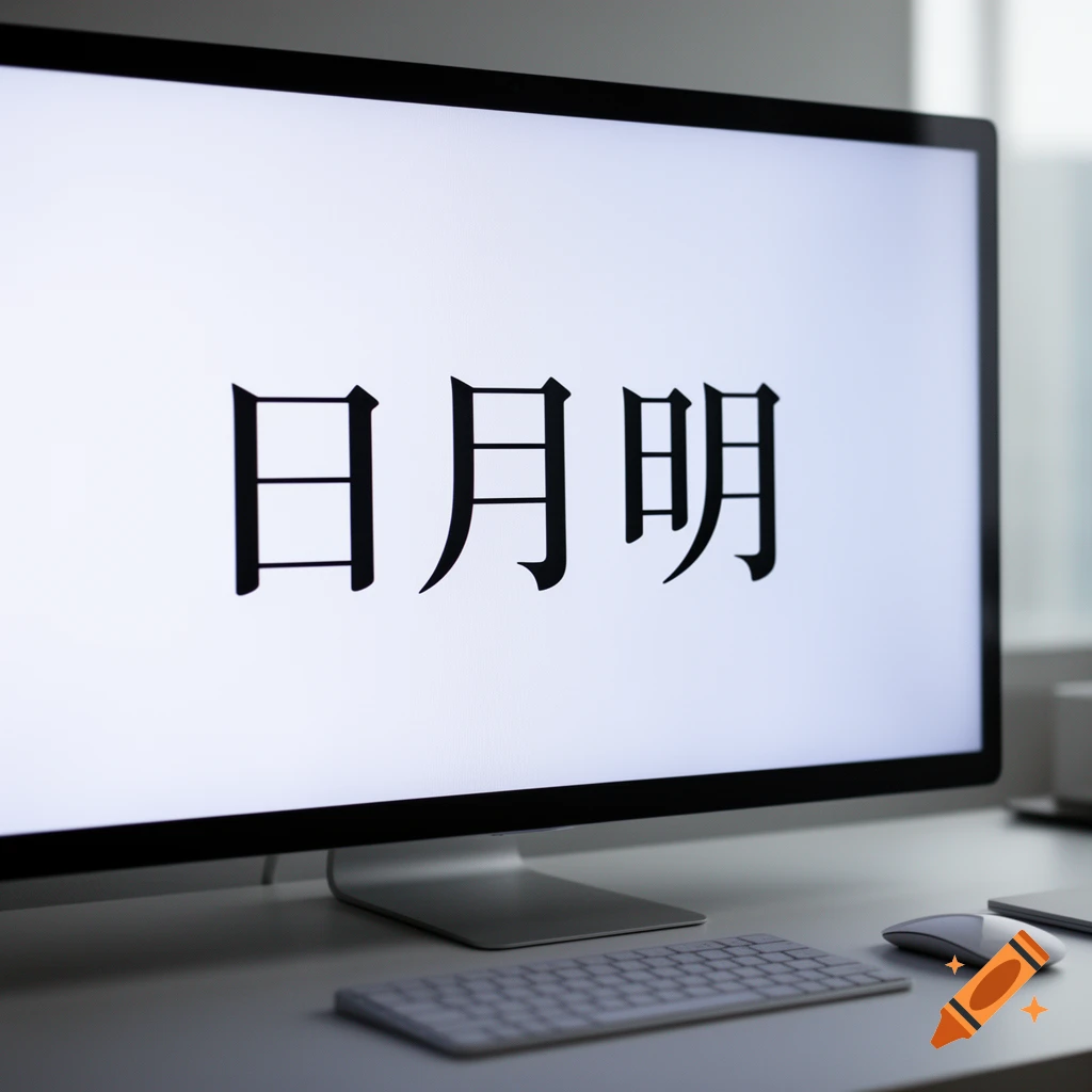 A computer monitor displaying the Chinese characters '日月明' on a white screen, with a keyboard and mouse on a desk below.