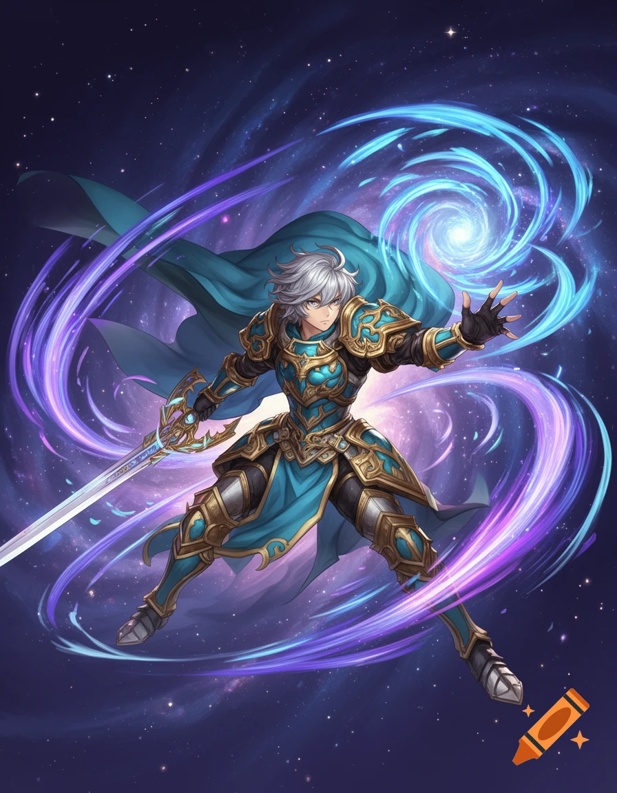 An anime-style male warrior in elaborate blue and gold armor, wielding a sword and magic, against a cosmic background with swirling nebulae.