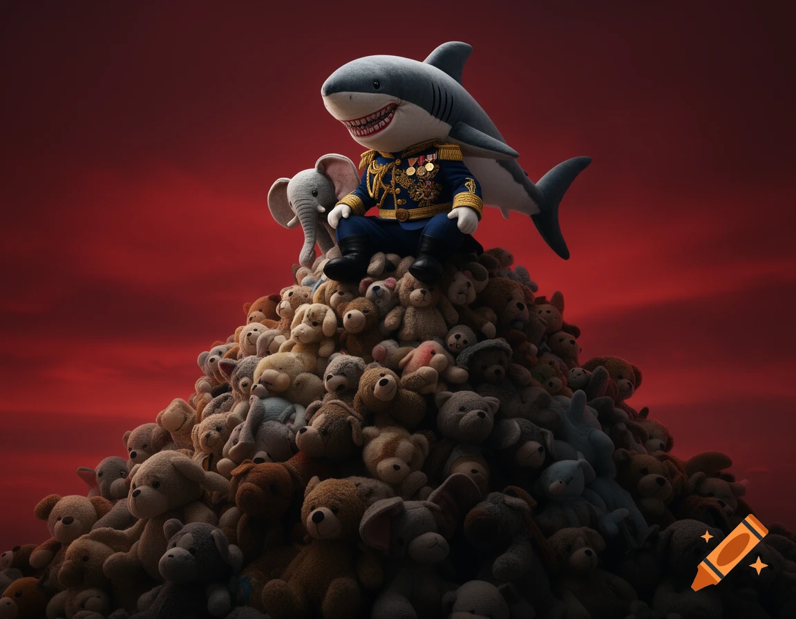 A shark plush toy in a military uniform sits on a pile of other plush toys, including an elephant, against a dramatic red sky.