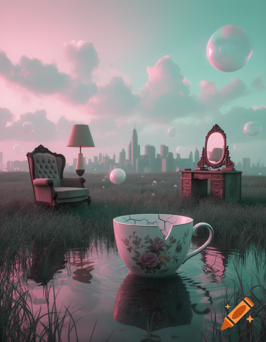 A surreal dreamcore landscape with a broken floral teacup in a pond, an armchair, lamp, and vanity in a grassy field, and a city skyline under a pink and teal sky with floating bubbles.