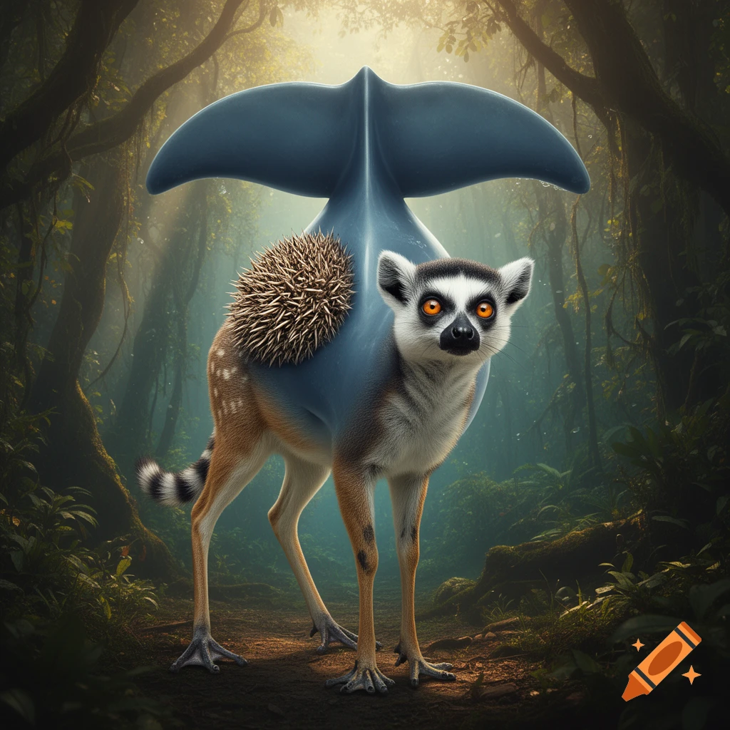 A hybrid creature with a lemur head, deer body, whale fluke, hedgehog spikes, and frog feet stands in a sunlit jungle.